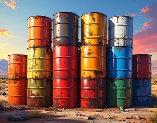 Colorful rusty barrels in desert