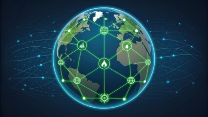 A digital illustration of a globe interconnected with green lines, symbolizing global connectivity and technology.