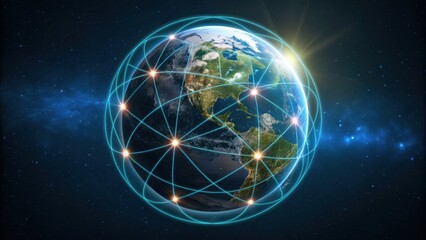 A digital representation of Earth surrounded by interconnected networks, symbolizing global connectivity and technology in space.