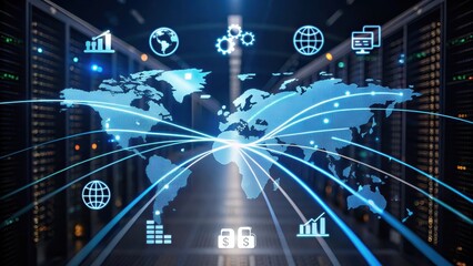 A digital world map connected by lines and icons, representing global networking, data exchange, and technology in a server room environment.
