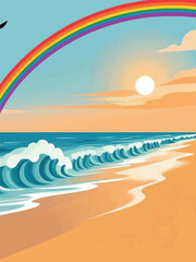 Rainbow and Ocean Wave View Illustrator Artwork Design Template Poster