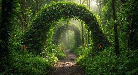 Lush green forest path with arches of foliage and sunlight