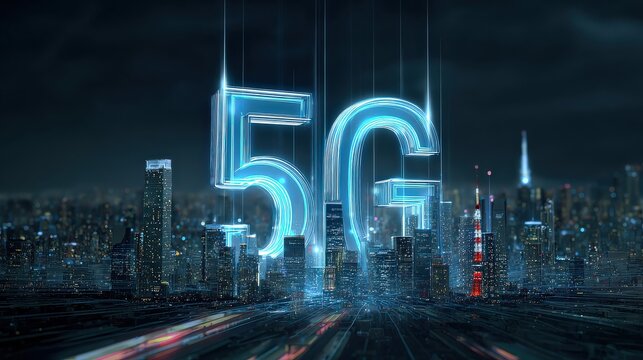 A futuristic cityscape showcasing a glowing "5G" sign, symbolizing advanced technology and connectivity in an urban environment.