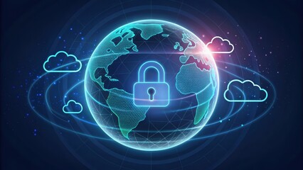 A digital globe with a padlock, surrounded by cloud icons, symbolizes cybersecurity and data protection in a connected world.