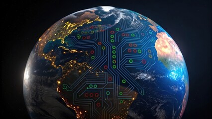 A futuristic depiction of Earth featuring a circuit board overlay, symbolizing technology's integration with the planet.