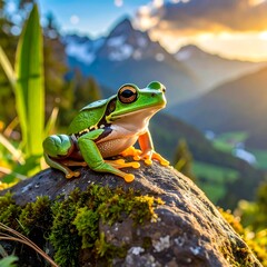 Frog on a rock, mountains in background