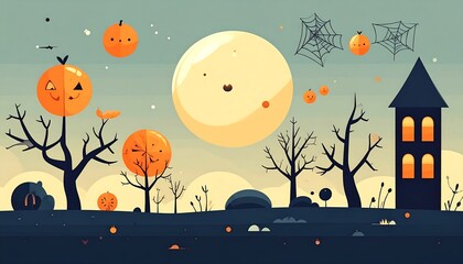 Whimsical Halloween Night Scene with Pumpkins and Haunted House.