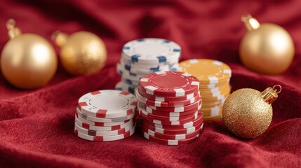 Red poker chip white poker chip blue poker chip gold ornament red velvet casino chip stack of chips holiday decoration gambling table game night closeup selective focus shallow depth luxury