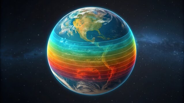 A colorful, digital representation of Earth showcasing latitude lines in vibrant hues against a cosmic backdrop.