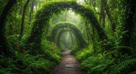 Lush green forest pathway with arching foliage creating a tunnel effect