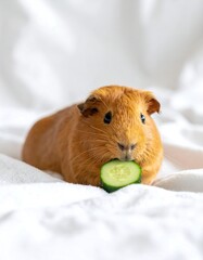 Fluffy orange guinea pig enjoys a refreshing cucumber slice on a white, soft surface