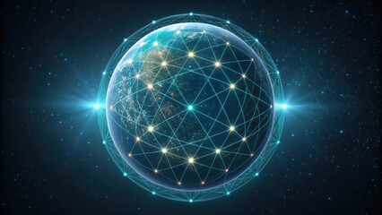 Fototapeta premium A digital representation of Earth surrounded by glowing connections, symbolizing technology and global connectivity in a cosmic backdrop.