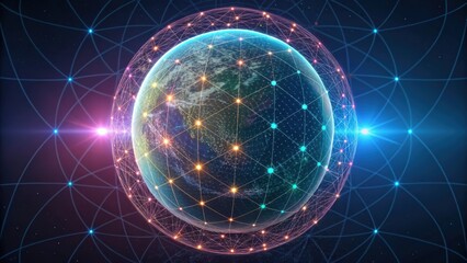 A digital representation of Earth interconnected with vibrant lines and nodes, suggesting a network of information and technology.