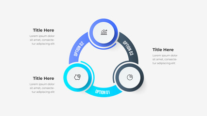 Fototapeta na wymiar Circular diagram with three segments surrounding a central hub, illustrating options in business strategy, financial planning, and data analytics through clean icons