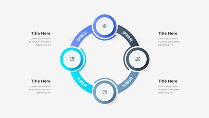 Circular diagram with four segments surrounding a central hub, illustrating options in business strategy, financial planning, and data analytics through clean icons