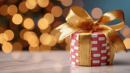 Poker chip stack gift ribbon gold bow casino chip red chip white chip festive bokeh holiday lights marble table wrapped stack gambling token celebration present luxury ribbon gift concept stacked