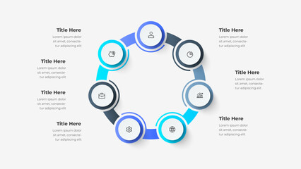 Circular diagram with seven segments surrounding a central hub, illustrating options in business strategy, financial planning, and data analytics through clean icons