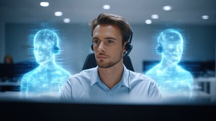 Call center agent with headset and holographic virtual assistants in modern office, focused male operator handling support with futuristic technology and blue hologram figures
