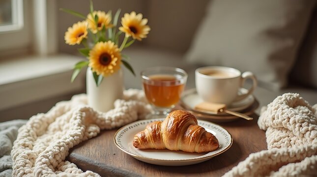 A warm and cozy breakfast scene featuring a golden croissant on a plate, a cup of coffee, and a glass of tea, with a vase of bright yellow flowers in soft natural light.