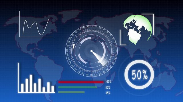 Digital analytics dashboard showing world map and financial data. Futuristic digital dashboard with world map and financial data visualizations. - Powered by Adobe