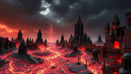 A gothic city with imposing towers and structures sits upon a fiery, lava-filled landscape beneath a dramatic, moonlit sky.