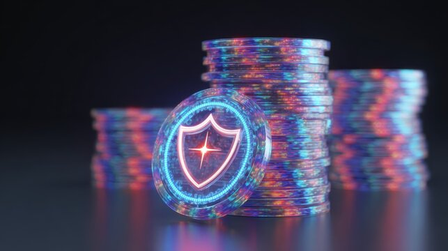 Glowing casino chip with shield emblem, stack of illuminated poker chip, holographic gaming token, neon security symbol, reflective table, low depth of field, colorful light bokeh