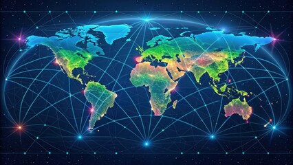 A vibrant digital map of the world, showcasing interconnected networks across continents, emphasizing global connectivity and technology.