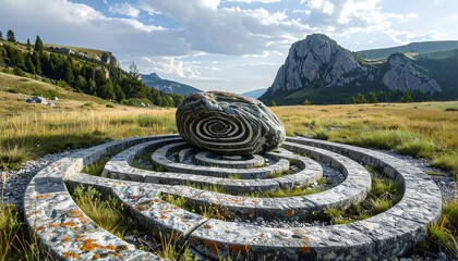 Spiral stone art in mountain landscape