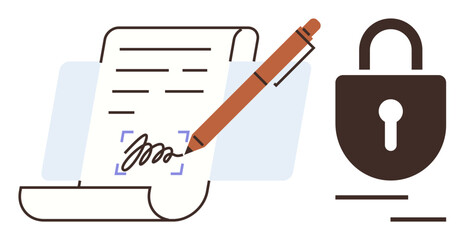 Pen signing document representing agreements, next to a secure lock representing encryption and data protection. Ideal for security, contracts, legal, technology, privacy, trust, digital signature