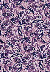 Abstract solid vector textile design, arrangement with monochrome small paisley pattern, full all-over seamless pattern with purple and pink tone color illustration, digital image printing factory