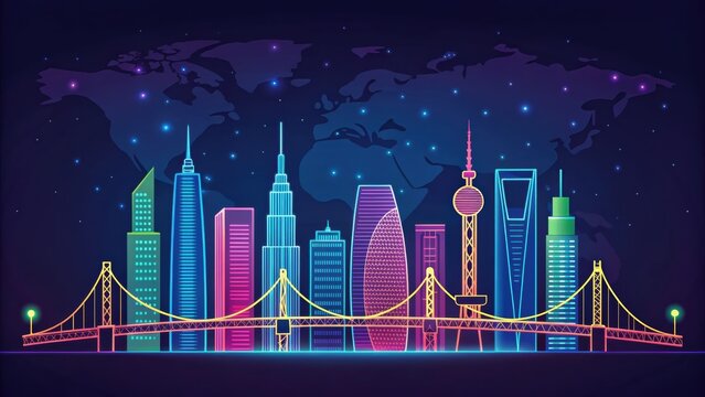 A vibrant, neon skyline featuring iconic buildings and a world map backdrop, creating a modern urban atmosphere. - Powered by Adobe