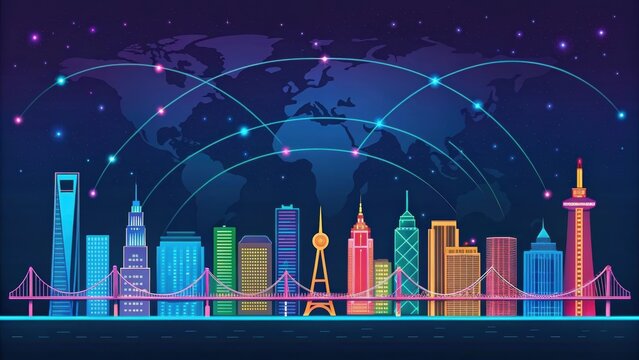 A vibrant, digital illustration of a city skyline with a global map, interconnected by colorful lines representing communication and connectivity.