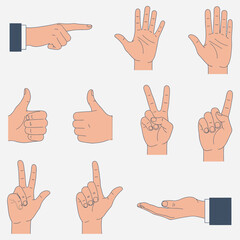 Vector set of human hand gestures, illustrating various signs like pointing, thumbs up, victory, and counting, ideal for communication and graphic design projects