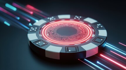 Futuristic poker chip with glowing red AI circuit and neon blue light trails, high tech casino token emitting digital energy and sleek metallic surface