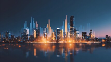 Futuristic city skyline at dusk with glowing bar graph overlay reflecting on water, dynamic financial vibe and warm blue lighting conveying innovation and optimism