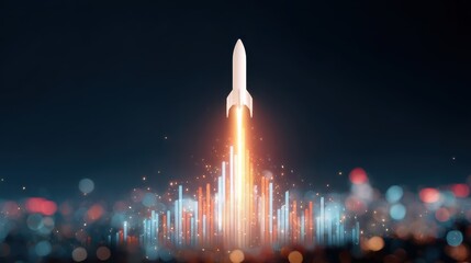 Rocket launch over glowing data bars rising like city skyline expressing investment success and upward momentum