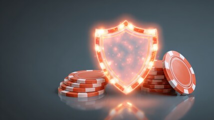 Glowing shield security poker chip stack online casino safety concept protecting virtual gambling transactions with neon shield and reflection