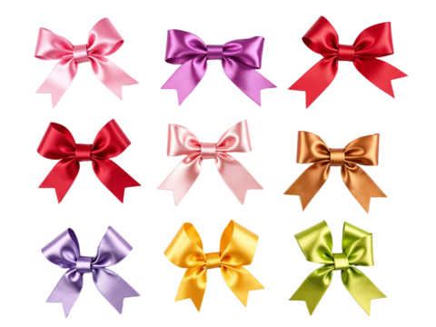 Colorful collection of satin bows arranged in a grid on a white background for gift wrapping and crafts