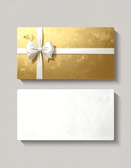 Gold gift card mockup with white ribbon and bow, paired with a blank white card