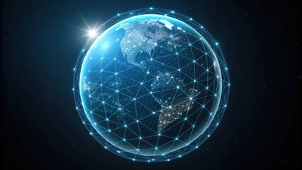 Obraz premium A digital representation of Earth surrounded by a network of interconnected lines, symbolizing global connectivity and technology in space.