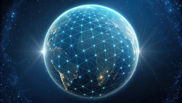 A digital representation of Earth connected by a network of lines, symbolizing global connectivity and technology in a starry background. - Powered by Adobe