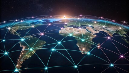 A digital depiction of Earth showcasing a network of connections, symbolizing global communication and technology, illuminated by a sunrise.