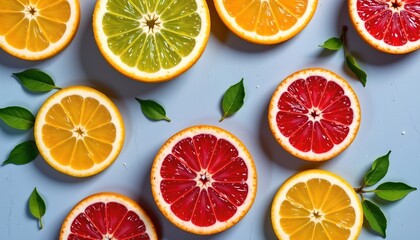 Obraz premium Colorful Citrus Fruit Slices Mottled Gray Surface