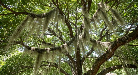Lush tree canopy with hanging moss in natural environment