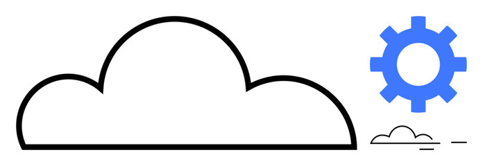 Large cloud outline with a blue gear and smaller cloud. Ideal for cloud computing, data storage, IT solutions, innovation, technology, process automation, digital services. Simple flat metaphor