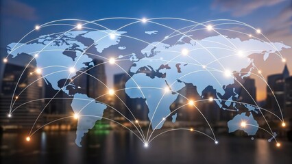 A digital world map interconnected with glowing lines, illustrating global connectivity and communication against a city skyline backdrop.