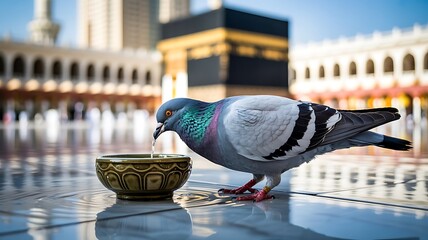 Pilgrim pigeon drinking holy water at the Masjid al-Haram in Mecca, Saudi Arabia