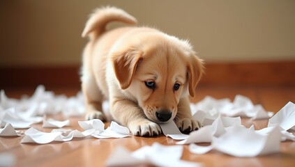 Cute Golden Retriever Puppy Playing with Torn Paper Indoors