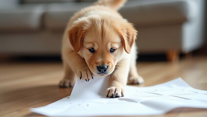 Cute Golden Retriever Puppy Playing with Torn Paper Indoors