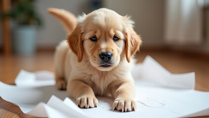 Cute Golden Retriever Puppy Playing with Torn Paper Indoors